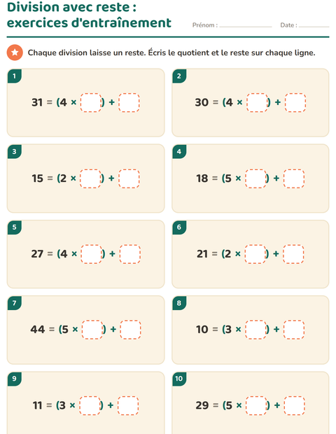 Aperçu de la fiche Division avec reste pour CE2 (cours élémentaire 2)