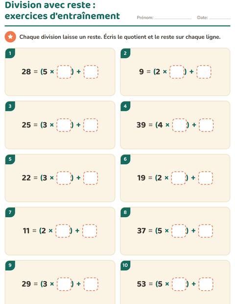 Division avec reste : exercices d'entraînement