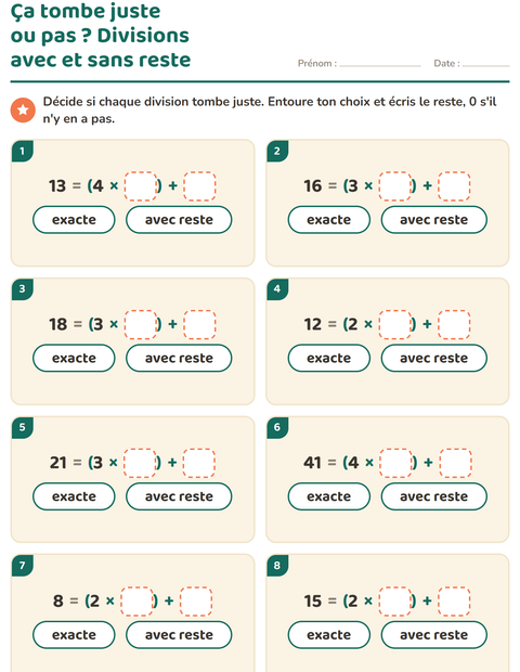 Aperçu de la fiche Division avec reste pour CE2 (cours élémentaire 2)