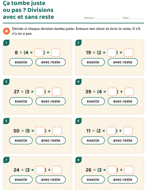 Aperçu de la fiche Division avec reste pour CE2 (cours élémentaire 2)