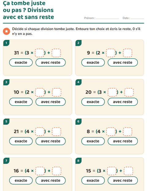 Aperçu de la fiche Division avec reste pour CE2 (cours élémentaire 2)