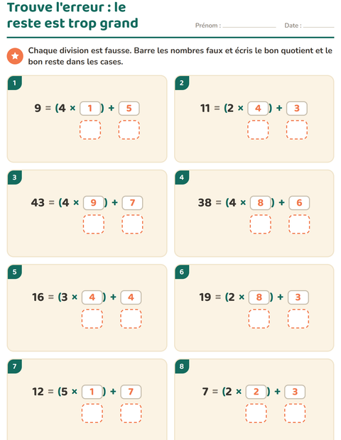 Aperçu de la fiche Division avec reste pour CE2 (cours élémentaire 2)