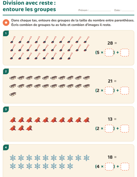 Aperçu de la fiche Division avec reste avec Hiver pour CE2 (cours élémentaire 2)