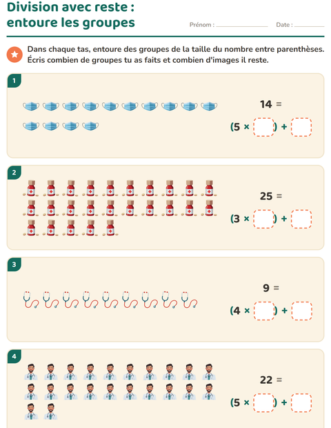 Aperçu de la fiche Division avec reste avec Hôpital pour CE2 (cours élémentaire 2)