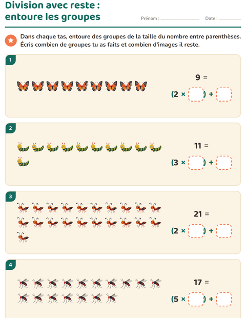 Aperçu de la fiche Division avec reste avec Insectes et bestioles pour CE2 (cours élémentaire 2)