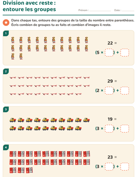 Aperçu de la fiche Division avec reste avec Jouets pour CE2 (cours élémentaire 2)