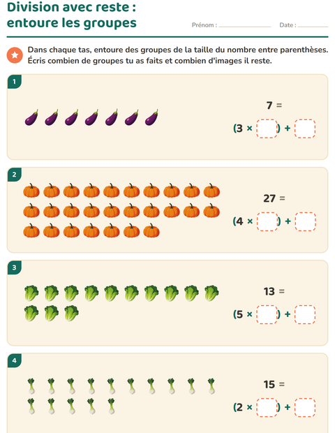 Aperçu de la fiche Division avec reste avec Légumes pour CE2 (cours élémentaire 2)