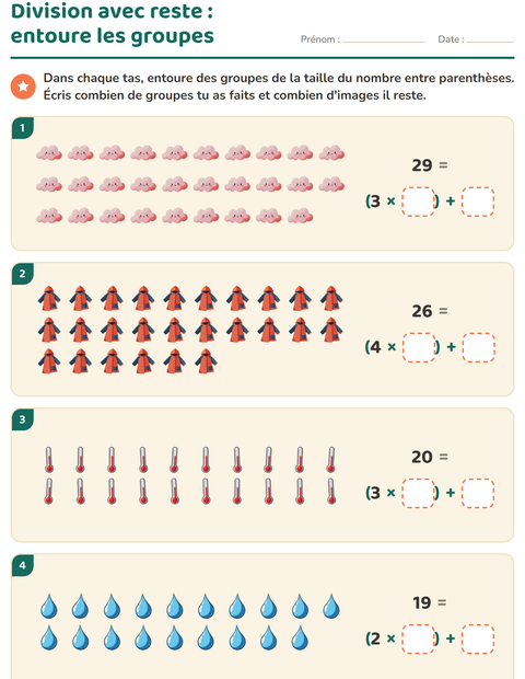 Aperçu de la fiche Division avec reste avec Météo pour CE2 (cours élémentaire 2)