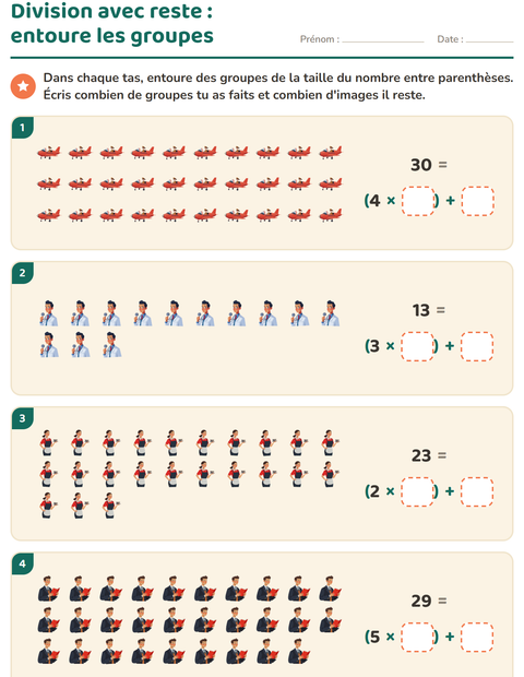 Aperçu de la fiche Division avec reste avec Métiers pour CE2 (cours élémentaire 2)