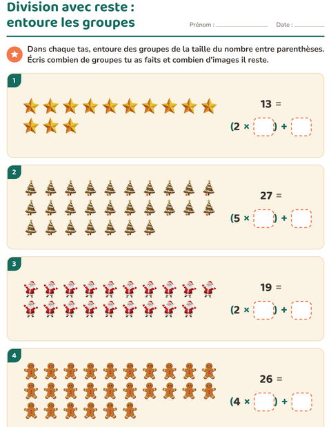 Aperçu de la fiche Division avec reste avec Noël pour CE2 (cours élémentaire 2)