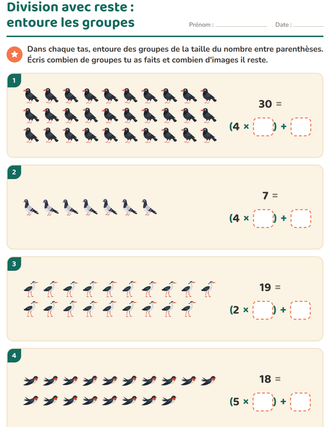 Aperçu de la fiche Division avec reste avec Oiseaux 2 pour CE2 (cours élémentaire 2)