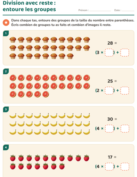 Aperçu de la fiche Division avec reste avec Petit-déjeuner pour CE2 (cours élémentaire 2)