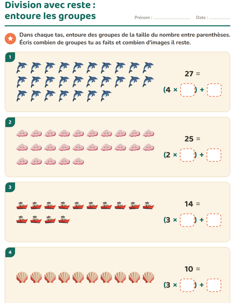 Aperçu de la fiche Division avec reste avec Plage pour CE2 (cours élémentaire 2)