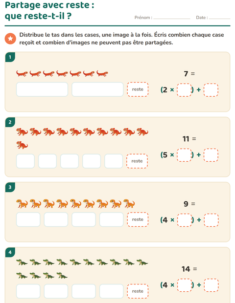 Aperçu de la fiche Division avec reste avec Reptiles et amphibiens pour CE2 (cours élémentaire 2)