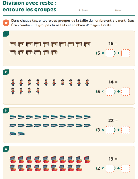 Aperçu de la fiche Division avec reste avec Salle de classe pour CE2 (cours élémentaire 2)