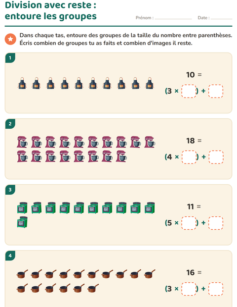Aperçu de la fiche Division avec reste avec Ustensiles de cuisine pour CE2 (cours élémentaire 2)