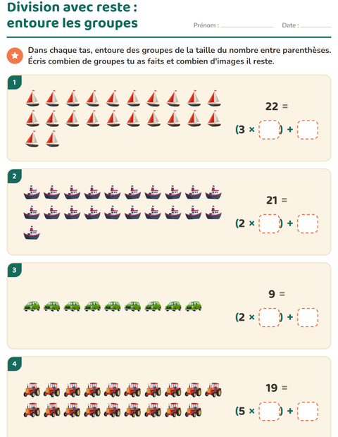 Aperçu de la fiche Division avec reste avec Véhicules pour CE2 (cours élémentaire 2)