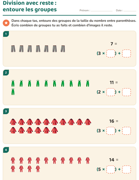 Aperçu de la fiche Division avec reste avec Vêtements pour CE2 (cours élémentaire 2)