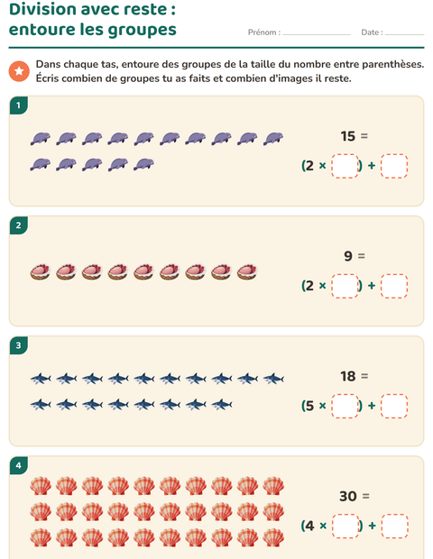 Aperçu de la fiche Division avec reste avec Vie océanique pour CE2 (cours élémentaire 2)