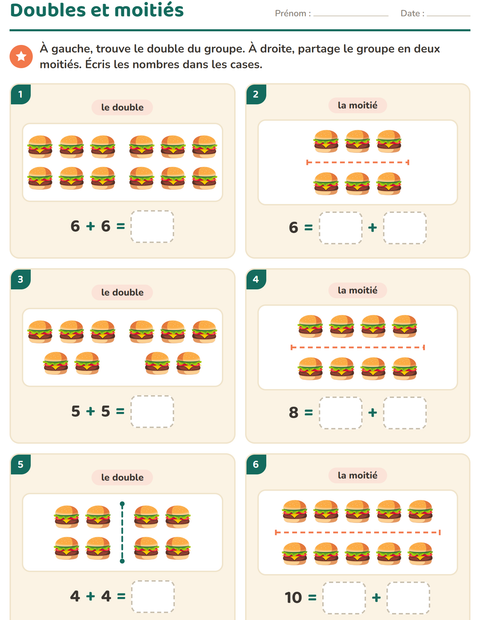 Aperçu de la fiche Doubles et moitiés avec 4 juillet pour CP (cours préparatoire)