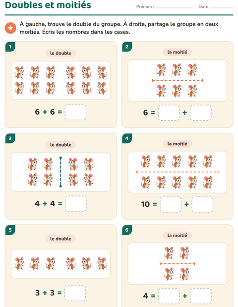 Aperçu de la fiche Doubles et moitiés avec Animaux de compagnie pour CP (cours préparatoire)