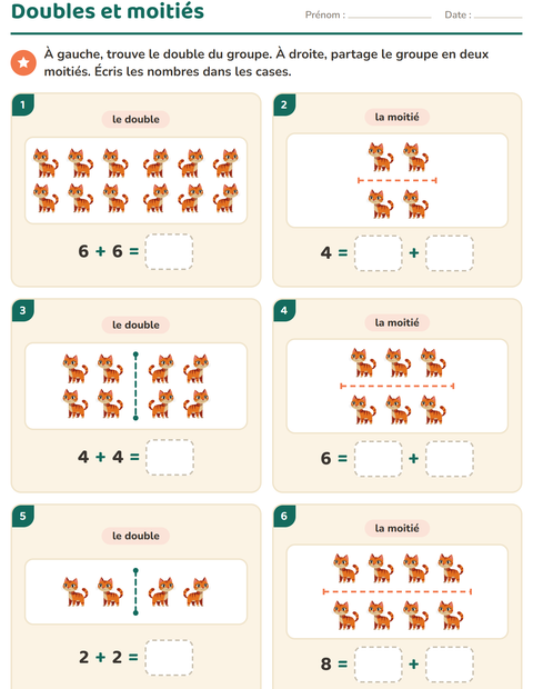 Aperçu de la fiche Doubles et moitiés avec Animaux de la ferme pour CP (cours préparatoire)