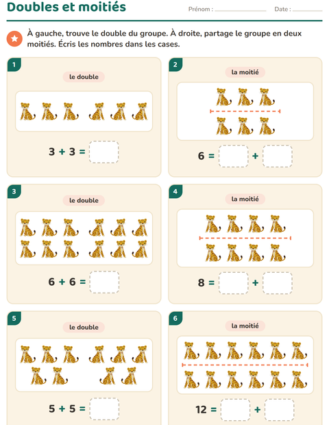 Aperçu de la fiche Doubles et moitiés avec Animaux du zoo pour CP (cours préparatoire)