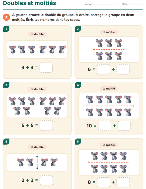 Aperçu de la fiche Doubles et moitiés avec Animaux pour CP (cours préparatoire)