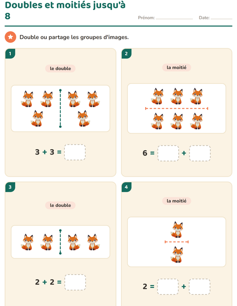 Doubles et moitiés jusqu'à 8 : doubler ou partager un groupe d'animaux