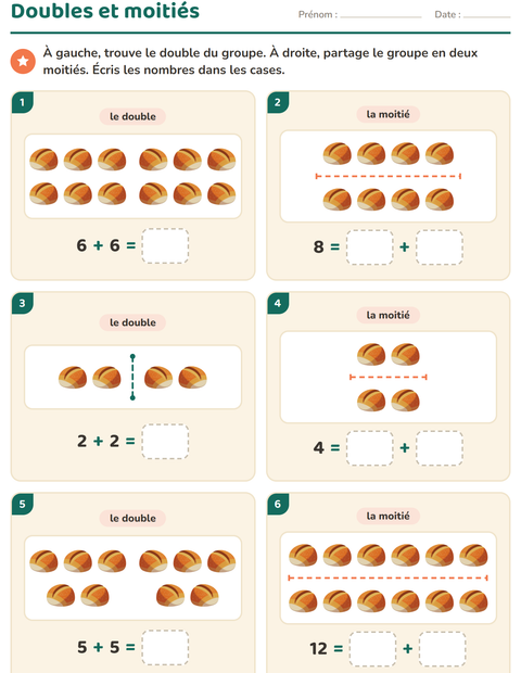 Aperçu de la fiche Doubles et moitiés avec Boulangerie pour CP (cours préparatoire)