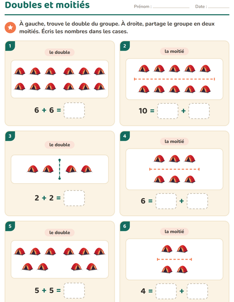Aperçu de la fiche Doubles et moitiés avec Camping pour CP (cours préparatoire)