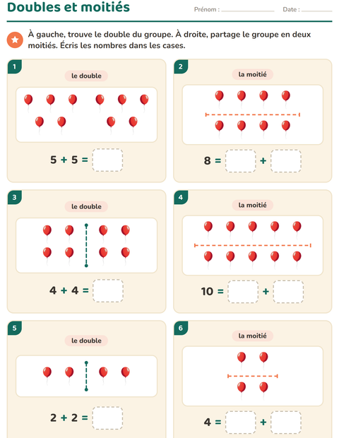 Aperçu de la fiche Doubles et moitiés avec Choses qui volent pour CP (cours préparatoire)