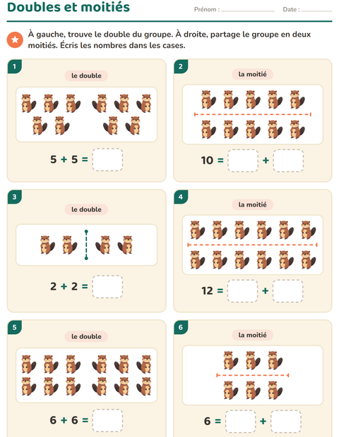 Aperçu de la fiche Doubles et moitiés avec Créatures de la forêt pour CP (cours préparatoire)