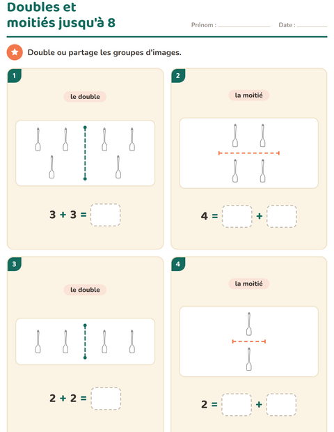 Aperçu de la fiche Doubles et moitiés avec Cuisine NB pour CP (cours préparatoire)