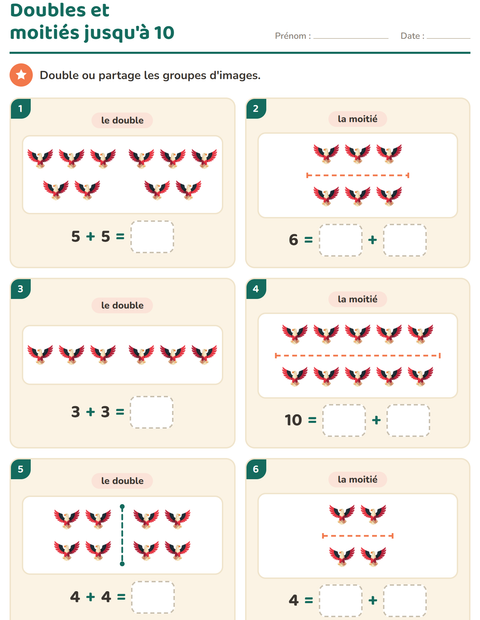 Aperçu de la fiche Doubles et moitiés avec 4 juillet pour CP (cours préparatoire)