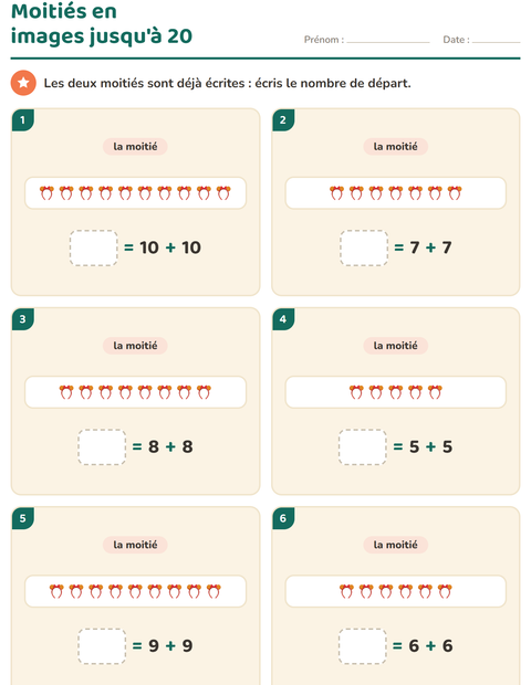 Aperçu de la fiche Doubles et moitiés avec Accessoires pour CP (cours préparatoire)