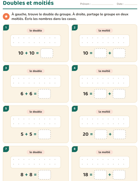 Aperçu de la fiche Doubles et moitiés avec Animaux de compagnie pour CP (cours préparatoire)