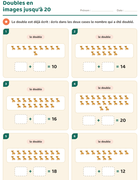 Aperçu de la fiche Doubles et moitiés avec Animaux du zoo pour CP (cours préparatoire)