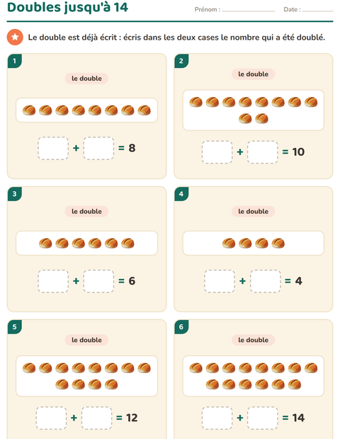Aperçu de la fiche Doubles et moitiés avec Boulangerie pour CP (cours préparatoire)