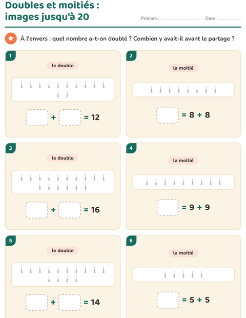 Aperçu de la fiche Doubles et moitiés avec Cuisine NB pour CP (cours préparatoire)