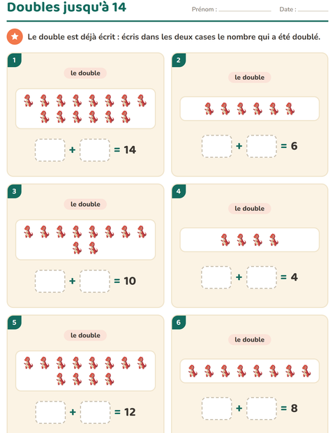 Aperçu de la fiche Doubles et moitiés avec Dinosaures pour CP (cours préparatoire)