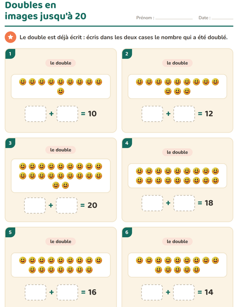 Aperçu de la fiche Doubles et moitiés avec Émotions pour CP (cours préparatoire)