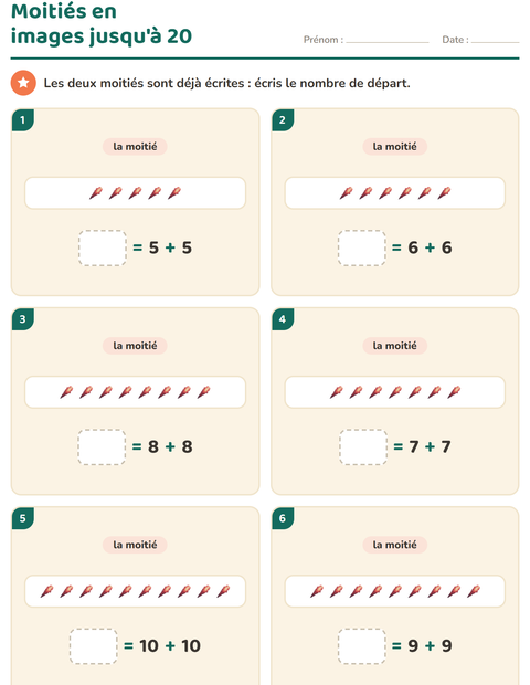 Aperçu de la fiche Doubles et moitiés avec Espace pour CP (cours préparatoire)