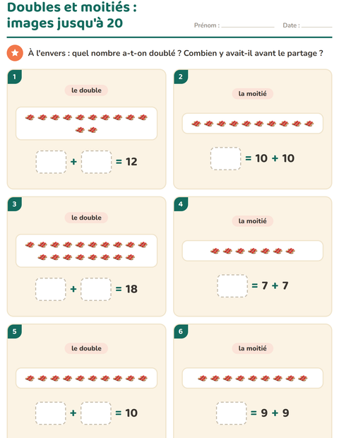 Aperçu de la fiche Doubles et moitiés avec Été pour CP (cours préparatoire)