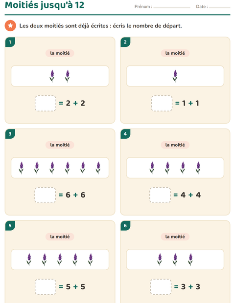Aperçu de la fiche Doubles et moitiés avec Fleurs pour CP (cours préparatoire)
