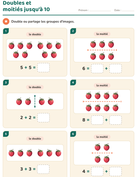 Aperçu de la fiche Doubles et moitiés avec Fruits pour CP (cours préparatoire)