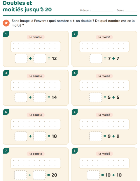 Aperçu de la fiche Doubles et moitiés pour CP (cours préparatoire)