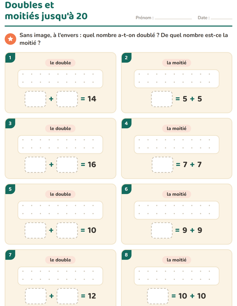 Aperçu de la fiche Doubles et moitiés pour CP (cours préparatoire)