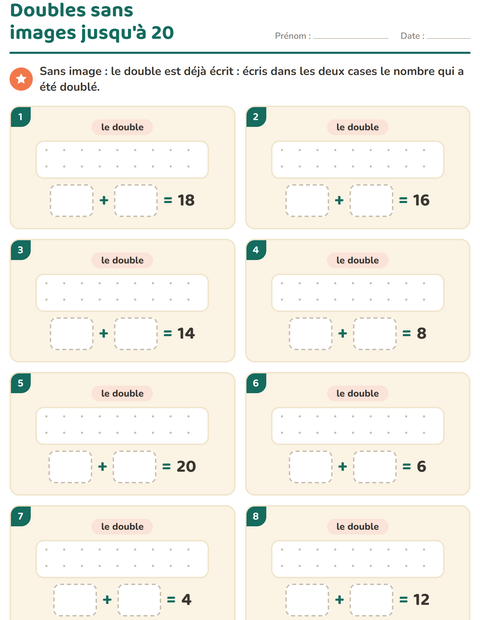 Aperçu de la fiche Doubles et moitiés pour CP (cours préparatoire)