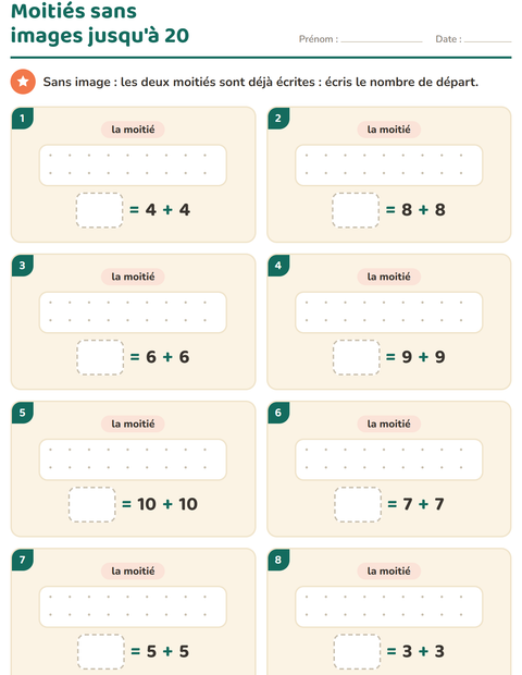 Aperçu de la fiche Doubles et moitiés pour CP (cours préparatoire)